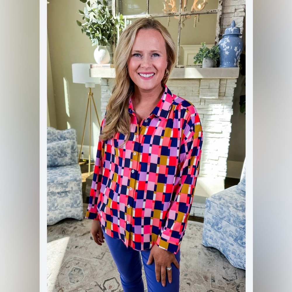 Michelle McDowell Ronan Check Me Out Blouse Pink & Blue Size XS